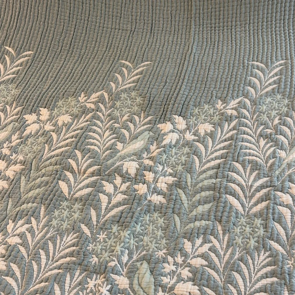 Luxury 7 Layer Woven Quilt Size KING Growing Florals Leaves Birds Teal Tan NEW
